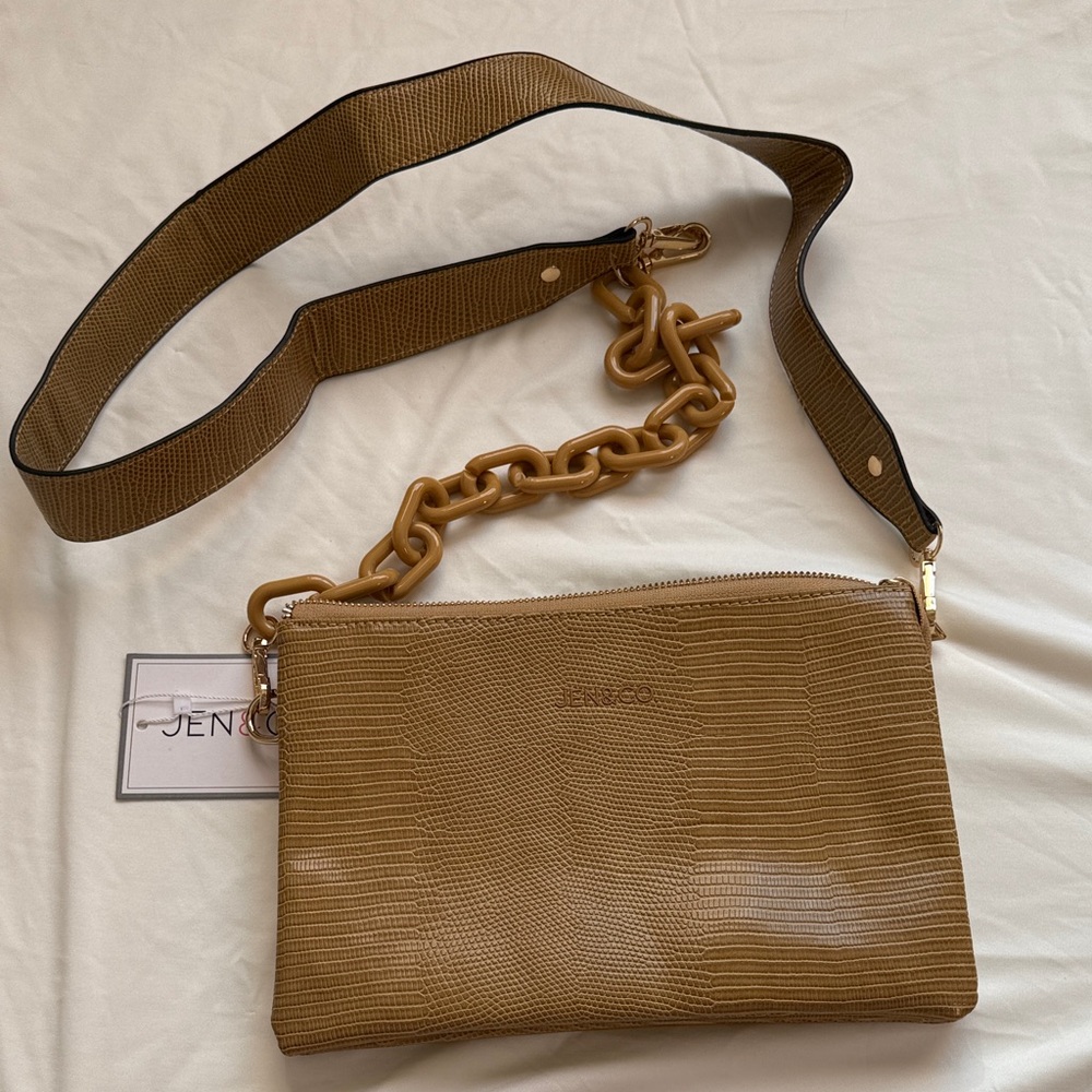 Jen & Co. Tan Crossbody Bag with Chain Accent